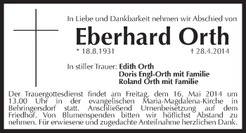 Traueranzeige von Eberhard Orth von Pegnitz-Zeitung